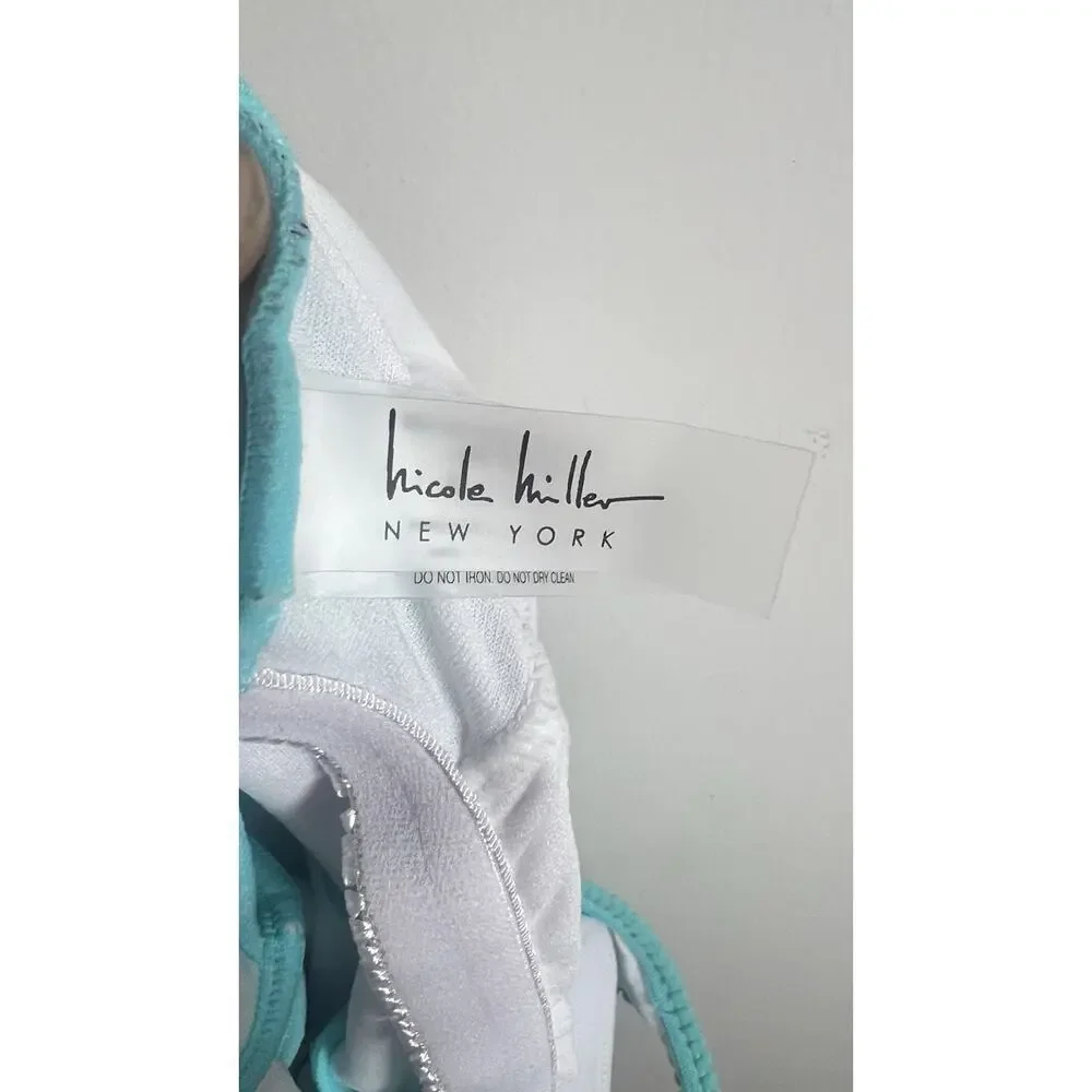 Nicole Miller Women’s Teal Pompom‎ One Piece Size 8 Ruffle Swimsuit NWOT